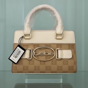 Bebe Leilani Monogram Handle Gold and Cream Crossbody in Almond/White. NWT